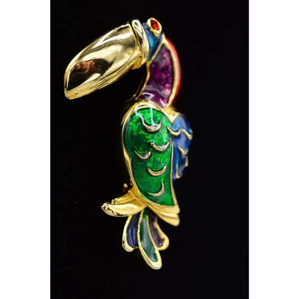 Vintage Toucan Pin Brooch Gold Bird Multi-Color Enamel Red Rhinestone 1980s 9B